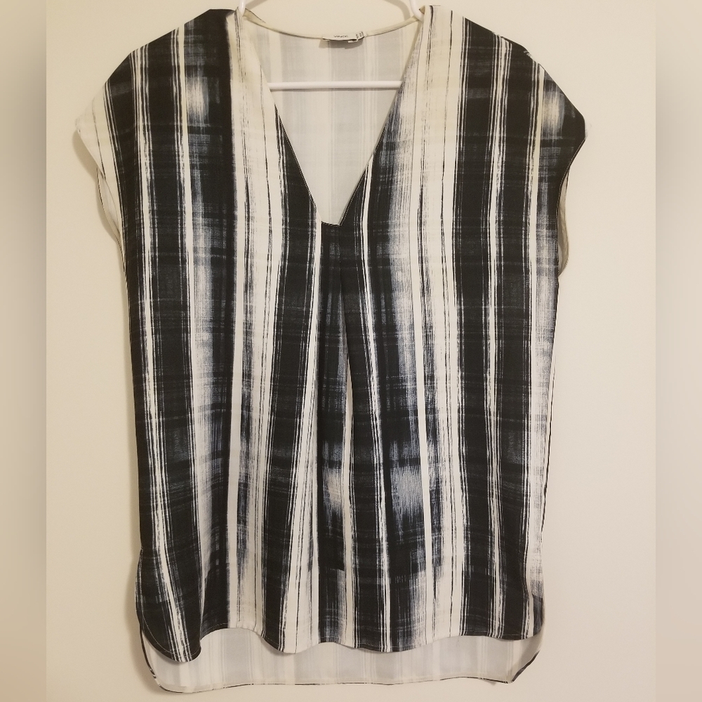 Vince Black, Navy Blue & White Striped Cap-Sleeve Blouse
